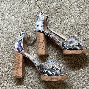 Cute multicolor snakeskin print platform sandals with cork heels